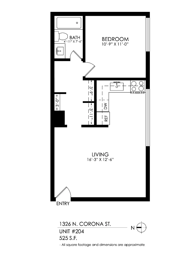 Floor plan for 1 bed, 1 bath, 600 sqft